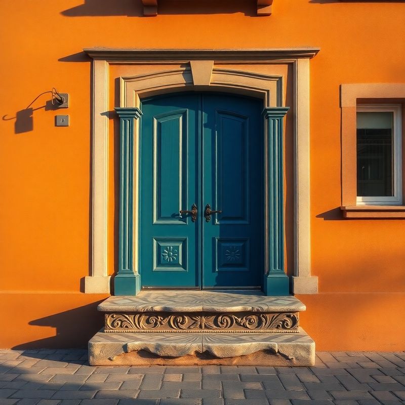 Intrarea biroului AdvisoryStudio din Cluj-Napoca — ușă albastră, prag de piatră, fațadă ocru caldă