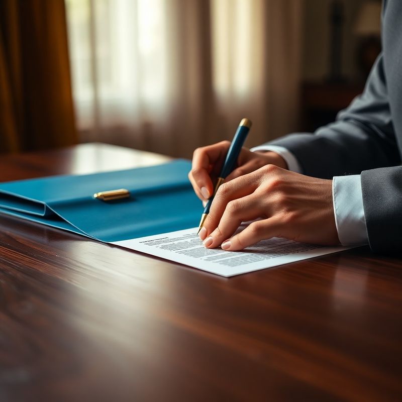 Prim-plan cu mâini semnând un document juridic pe o masă de nuc, dosar albastru vizibil